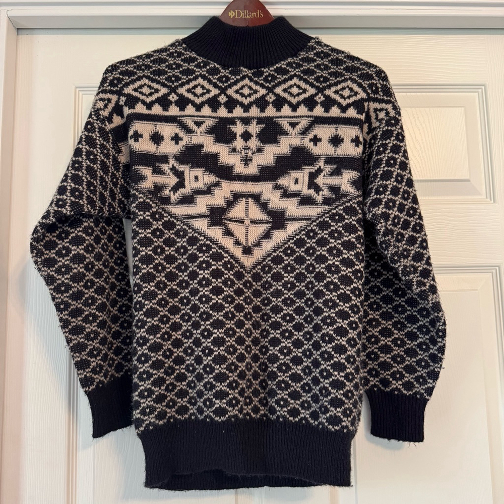 Vintage 80’s Beldoch Popper Sweater Size S Black Tan Southwest Patterned